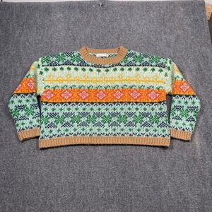Vintage Charm Fair Isle Sweater Men Size S M Green Orange Geometric Knit